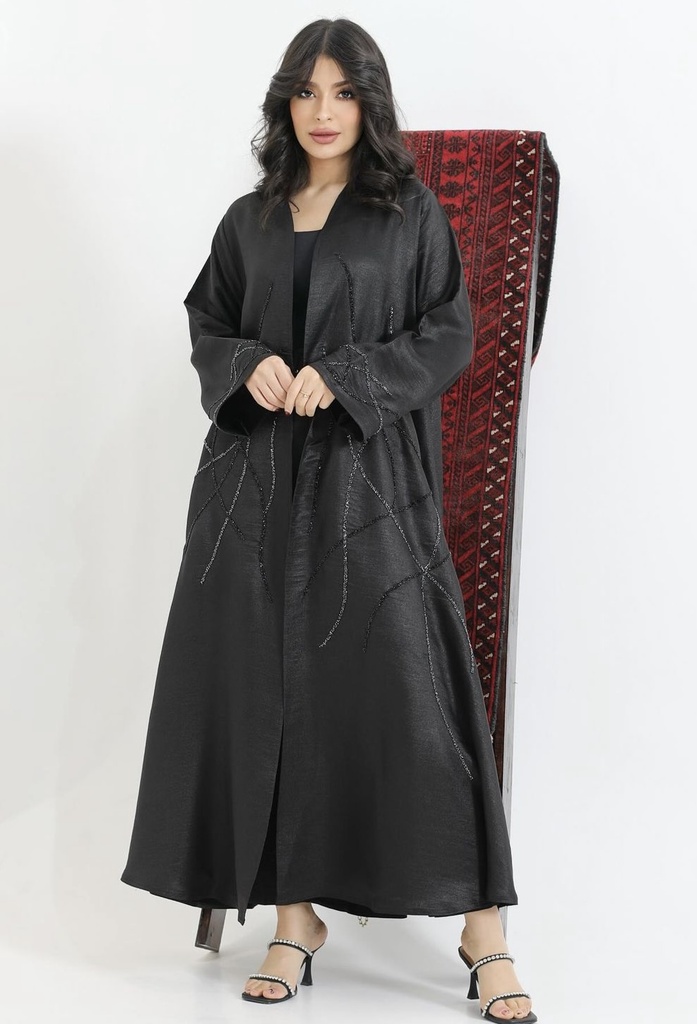 B91-Beads Line Satin Abaya